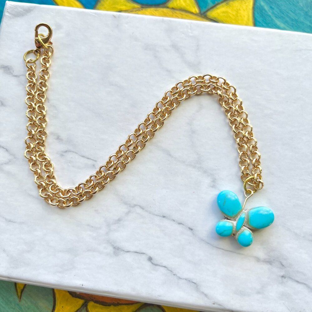 Turquoise Blue Butterfly Charm Gold Chain Necklace